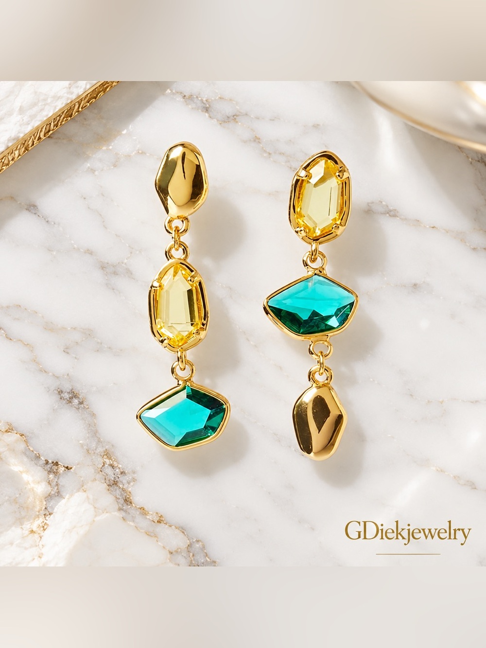 Gold filled Drop Earrings with Yellow and Teal Gemstones